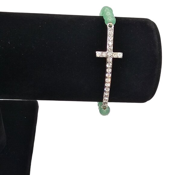 Aventurine Glass Green Beaded Silver Tone Cross Bracelet Rhinestone Sparkle - Picture 1 of 11